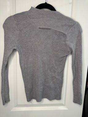 Gray Ribbed Cutout Long Sleeve Top